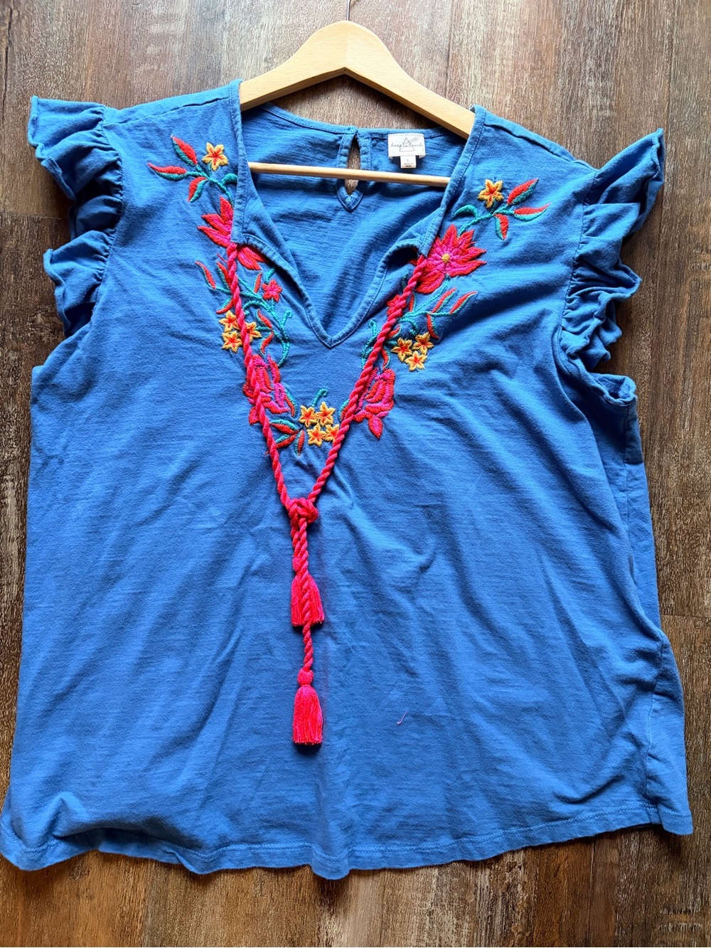 Embroidered Blue V-Neck Tassel Flutter-Sleeve Tunic